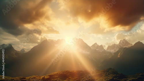 Experience the raw power of nature in this lens flare scene, as the sun breaks through stormy clouds over a dramatic mountain range, the rugged peaks in a majestic golden light.