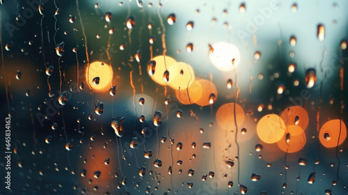 Capture the ethereal beauty of raindrops falling on a glass surface in this rain bokeh scene, with their reflections creating a mesmerizing effect thats both surreal and magical.