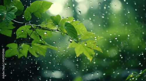 Feel the calming ambiance of a rainy forest with this rain bokeh scene featuring droplets falling on leaves  creating a serene atmosphere amidst the lush greenery.