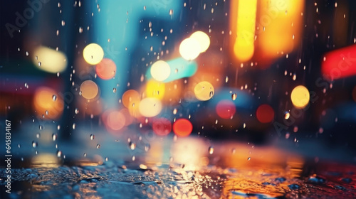 Take a glimpse into the city nightlife with this rain bokeh scene showcasing raindrops falling on the bustling streets, creating a radiant and dynamic urban atmosphere. © Justlight