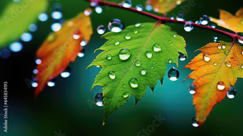 Feel the rhythm of the rain bokeh as droplets fall onto green leaves, creating a breathtaking display of vibrant colors and textures in nature.
