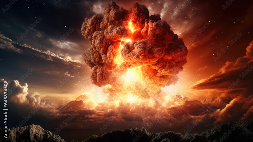 A tremendous explosion creating a massive fireball illuminating the sky.