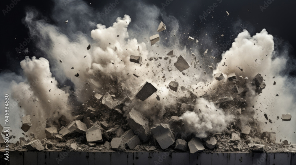 A concentrated explosion demolishing a concrete wall, sending fragments ...