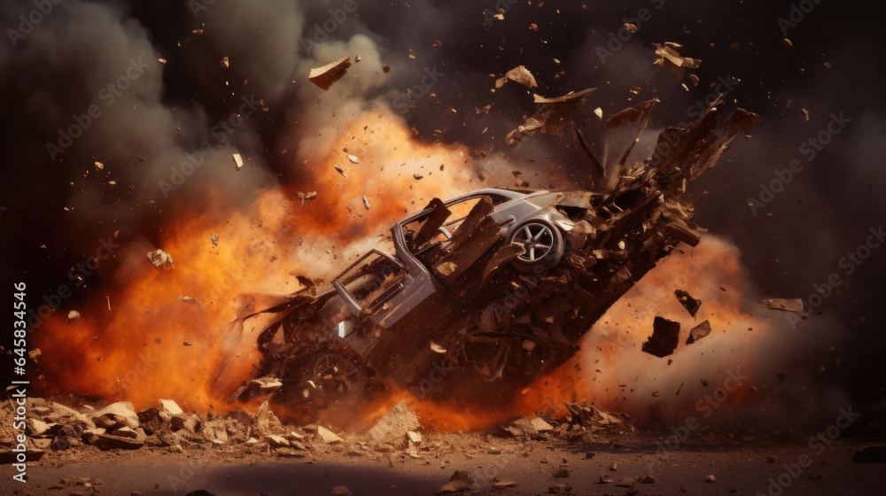 Instantaneous destruction as an explosion obliterates a vehicle, leaving behind twisted wreckage.