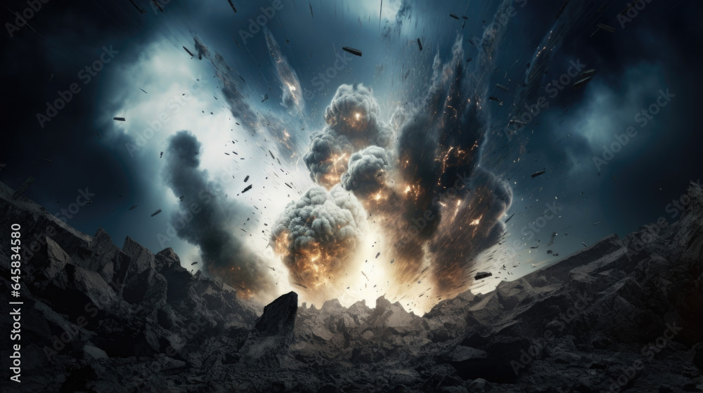 Obraz premium An earthshattering explosion disrupts the silence, sending shockwaves through the atmosphere and reducing structures to rubble.