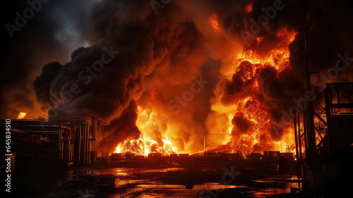A massive eruption of fire and smoke ripping through a fuel depot.