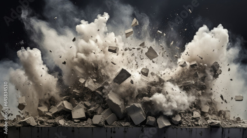 Tablou canvas A concentrated explosion demolishing a concrete wall, sending fragments and dust into the air