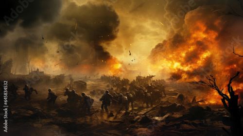 An explosion on a battlefield  sending soldiers and equipment flying amidst a chaotic scene of smoke and fire.