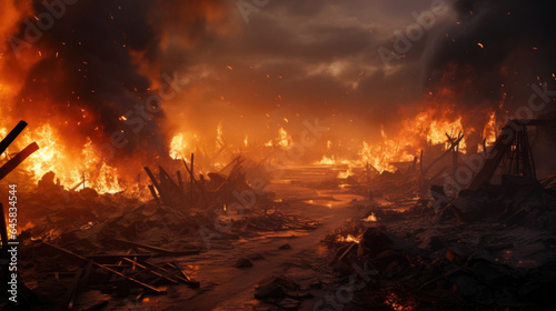 A brilliant burst of fire and smoke engulfs the environment, leaving behind a scene of devastation and chaos.