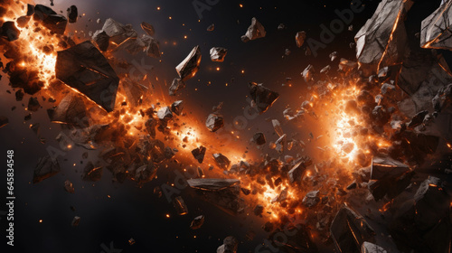 The rapid expansion of explosive forces propels fragments in all directions, raining debris over a wide radius.