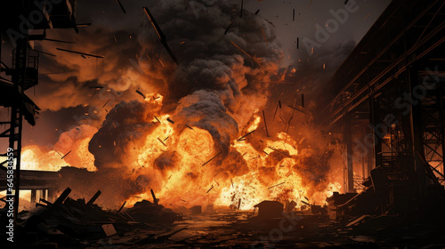 An explosion erupting within a factory  resulting in a chaotic mix of flames  debris  and billowing black smoke.