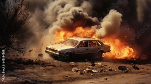 A car exploding on impact, engulfing the surrounding area in a dangerous inferno.