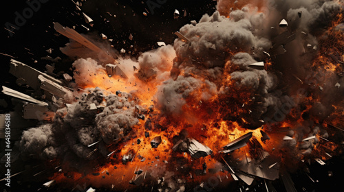 Chaos erupts as a detonation engulfs the surroundings, hurling fragments of debris through the air and leaving destruction in its wake.
