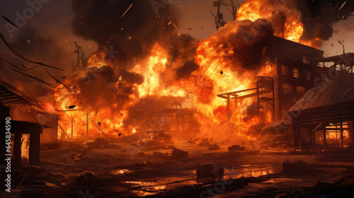 A munitions depot erupts in a fiery explosion  amplifying the destruction.