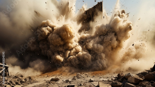 A deafening blast erupts at a construction site, tering rubble and dust across the area.