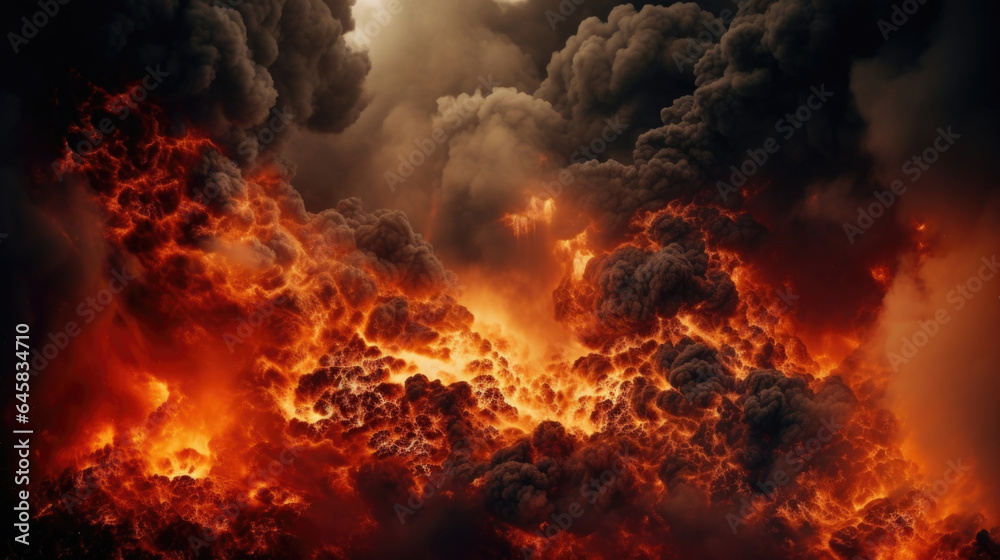 A violent eruption sends massive plumes of smoke and flames high into the sky, resembling a raging inferno.