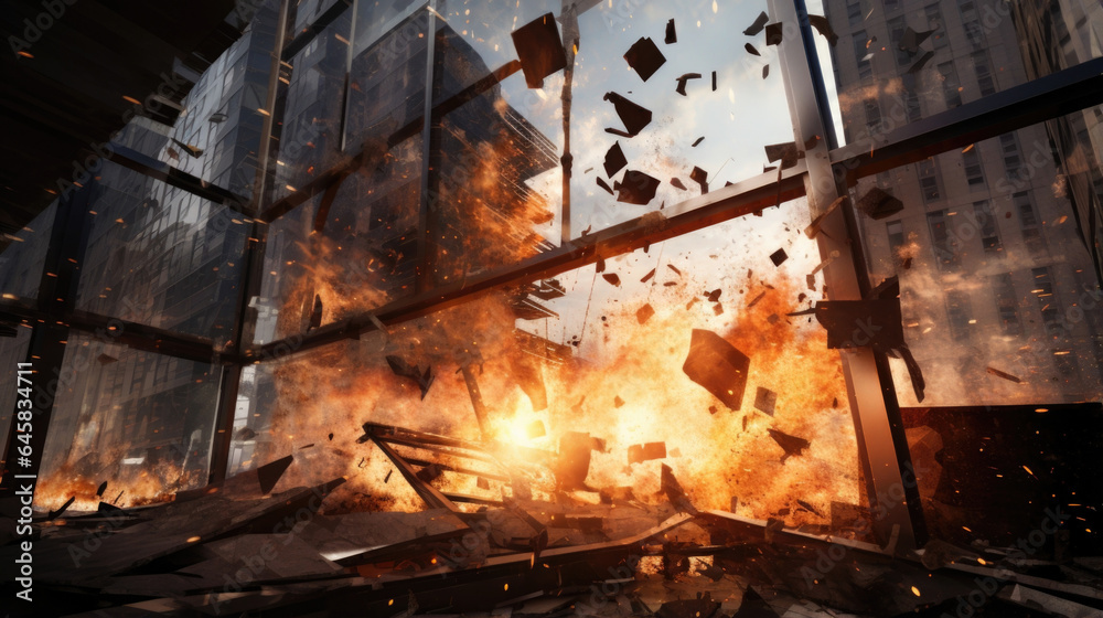 Obraz premium Fierce explosion causing windows to shatter and buildings to crumble.