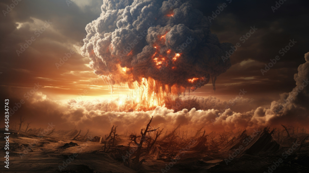 A massive mushroom cloud billows into the atmosphere, marking the aftermath of a catastrophic blast.