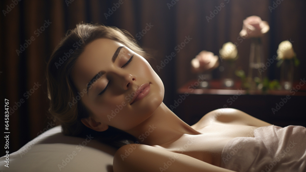 Attractive woman laying on massage table in beauty salon for skin and beauty treatment or professional massage Attractive woman laying on massage table in beauty salon for skin and beauty treatment or professional massage
