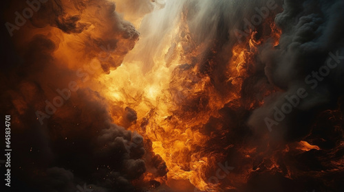 A brilliant burst of fire and smoke erupts from a confined space, leaving a trail of devastation in its wake.