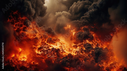 A violent eruption sends massive plumes of smoke and flames high into the sky, resembling a raging inferno.