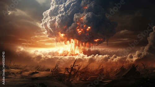A massive mushroom cloud billows into the atmosphere, marking the aftermath of a catastrophic blast.