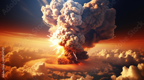 A plume of smoke and flames surges upward, marking the epicenter of a cataclysmic explosion.