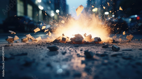 An underground explosion ruptures the concrete pavement, sending chunks flying and shaking the ground beneath.