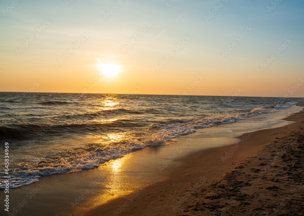 Landscape viewpoint panorama  summer sea wind wave cool holiday calm coastal sunset sky light orange golden evening day look calm Nature tropical Beautiful sea water travel Bangsaen Beach thailand