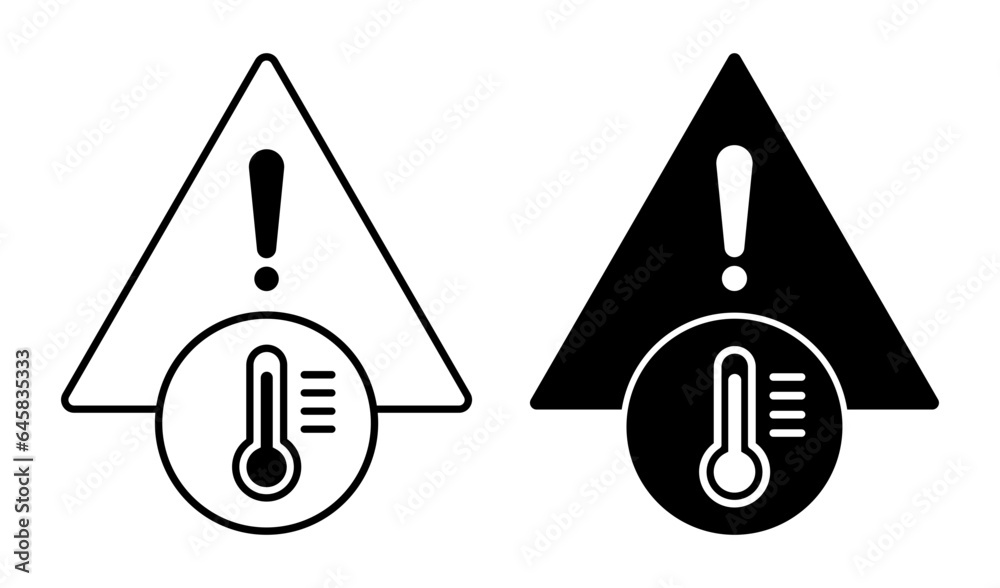 temperature warning sign. Climate change with high heat symbol. Thermometer critical caution