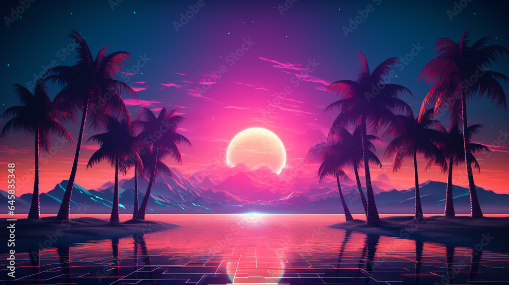Abstract 3d synthwave colorful neon background banner 