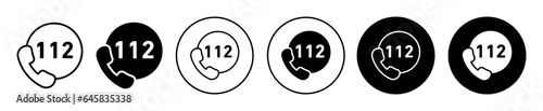 Emergency 112 call icon. Dial number for urgent service need in accident, hospital, police or fire safety symbol. Phone assistance to seek help with ambulance to rescue vector.