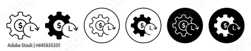 Long Term Investment icon. Dollar sign with gear and clock symbol. Business money reinvesting to gain profit vector. Company finance capital in progress sign.