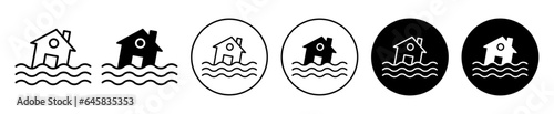 Flood icon. Natural climate change hazardous storm symbol. Environment heavy rainfall Deluge residential house property vector. Tsunami weather disaster sign. Water damage the home logo