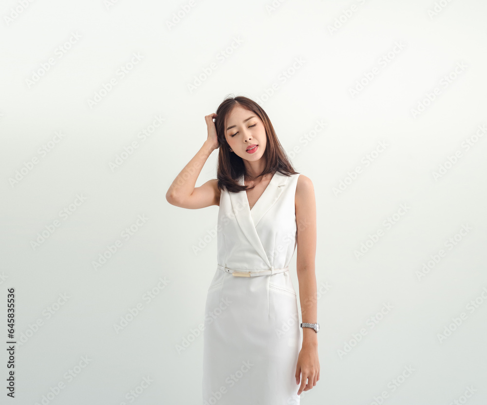 Business woman portrait Asian one person wearing white dress pretty girl cute smart standing with white background feeling stressed, serious, headaches unhappy Business woman portrait Asian one person wearing white dress pretty girl cute smart standing with white background feeling stressed, serious, headaches unhappy