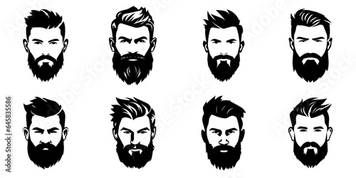 Man face portrait with full beard and mustache. Haircut black silhouette vector collection