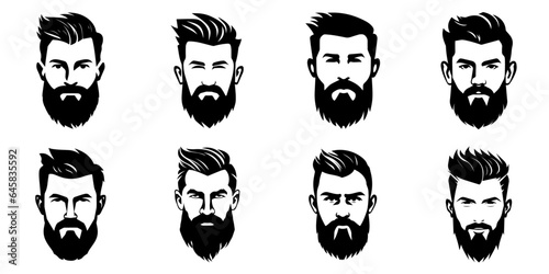 Man face portrait with full beard and mustache. Haircut black silhouette vector collection