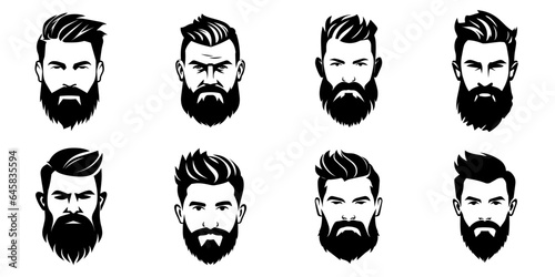 Man face portrait with full beard and mustache. Haircut black silhouette vector collection