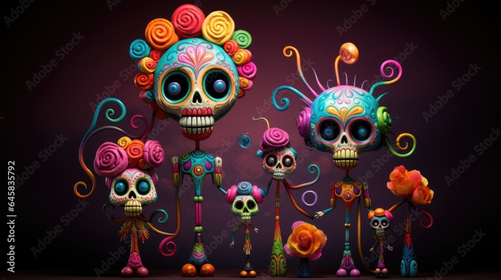 Family of skeletons, celebration of  the Day of the Deads in Mexico