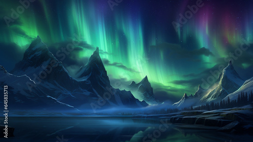 Aurora borealis northern lights night sky in frozen winter, landscape background