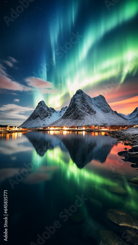 Aurora borealis northern lights night sky in frozen winter, landscape background