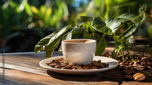 White coffee cup with roasted coffee beans on patio table and home yard plantation background