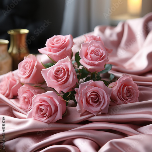 Pink roses on a silk bedsheet photo with romantic  