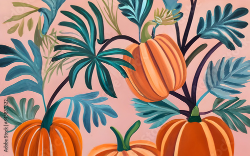 Autumn pumpkin banner drawing in traditional mediums. Hand painted orange pumpkins. Fall season banner. Botanical gouache or acrylic illustration. (ID: 645837322)