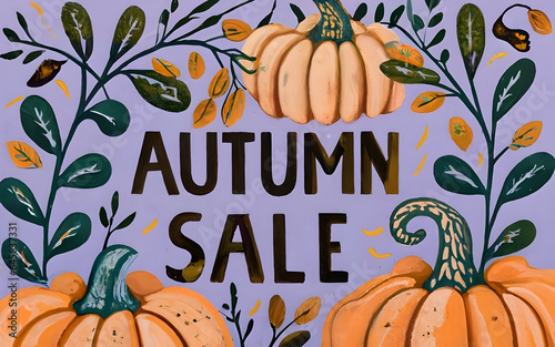 Autumn sale banner illustration in traditional mediums. Hand lettering with orange pumpkins around. Fall season banner. Botanical gouache or acrylic illustration. (ID: 645837331)