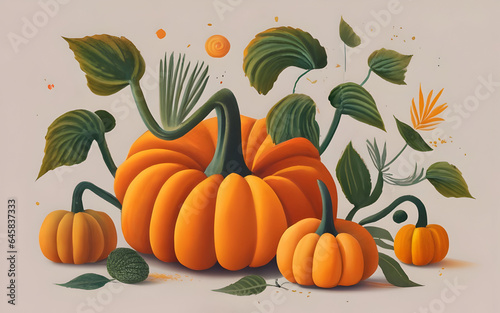 Ripe orange pumpkin botanical illustration. Drawing in traditional mediums. Hand painted orange pumpkins. Fall season banner. Botanical gouache or acrylic illustration. (ID: 645837333)