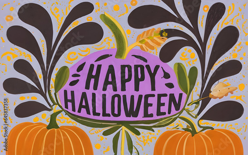 Happy Halloween banner illustration in traditional mediums. Hand lettering with orange pumpkins around. Fall season banner. Botanical gouache or acrylic illustration. (ID: 645837358)