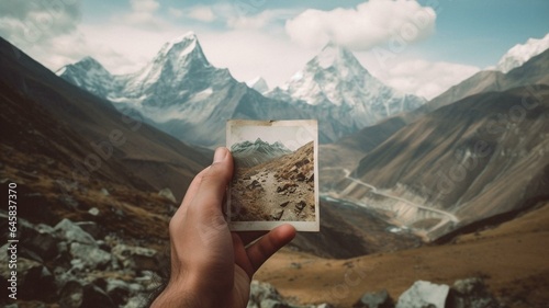 hand holding polaroid in the mountains