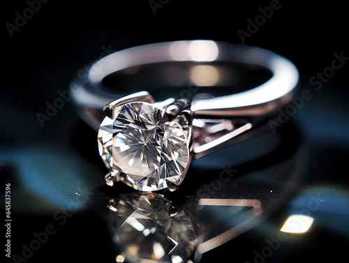 Close - up macro photography, diamond engagement ring, round brilliant cut, set in platinum, soft focus, dramatic spotlight, on a dark velvet background, reflective surface