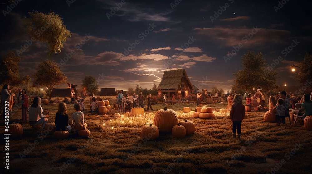 a fall harvest festival under a full moon, hay bales, children bobbing for apples, pumpkins lit with candles, warm earthy colors